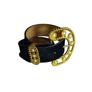 Vtg Catherine Dial Easley Italy Black Suede Pearl  1.25 "Belt Women  M (26-32")